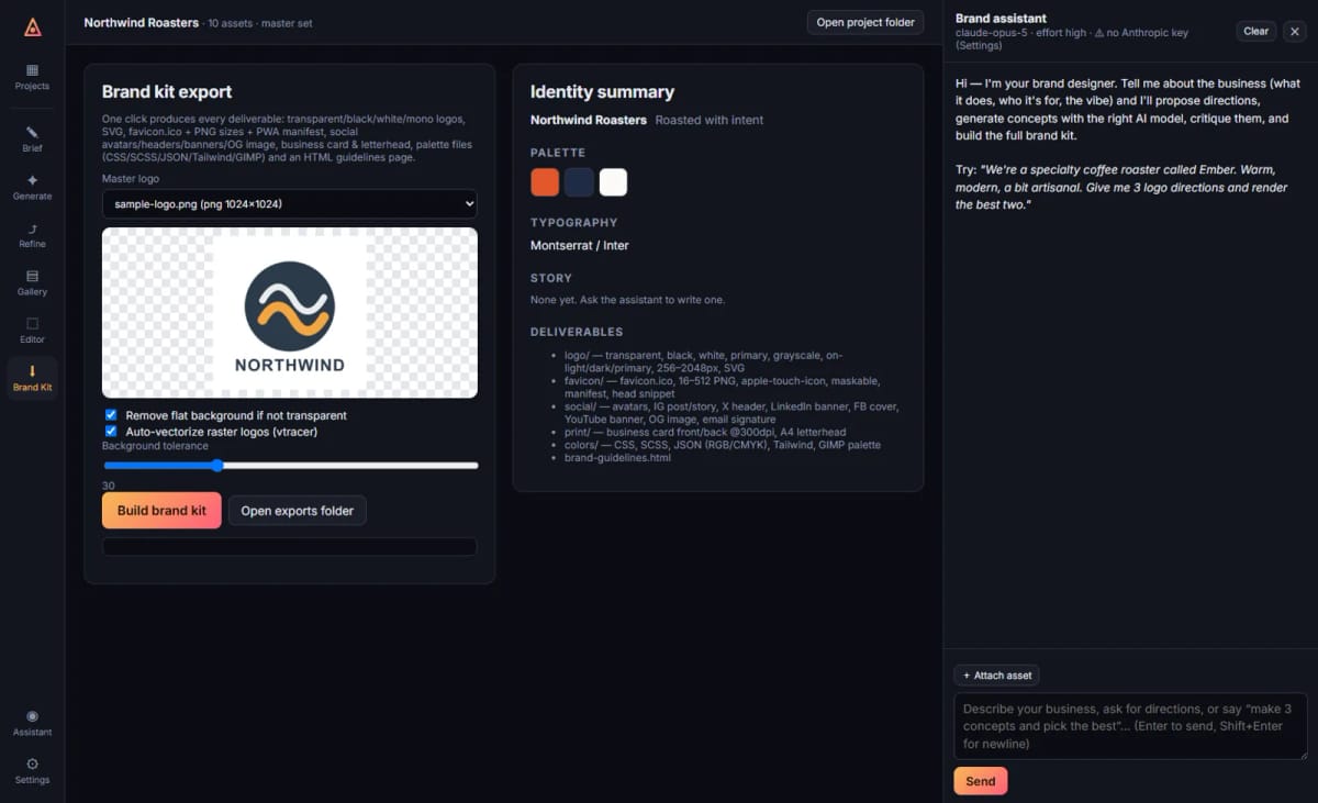 BrandForge brand kit export: master logo, deliverables list and the Build brand kit button