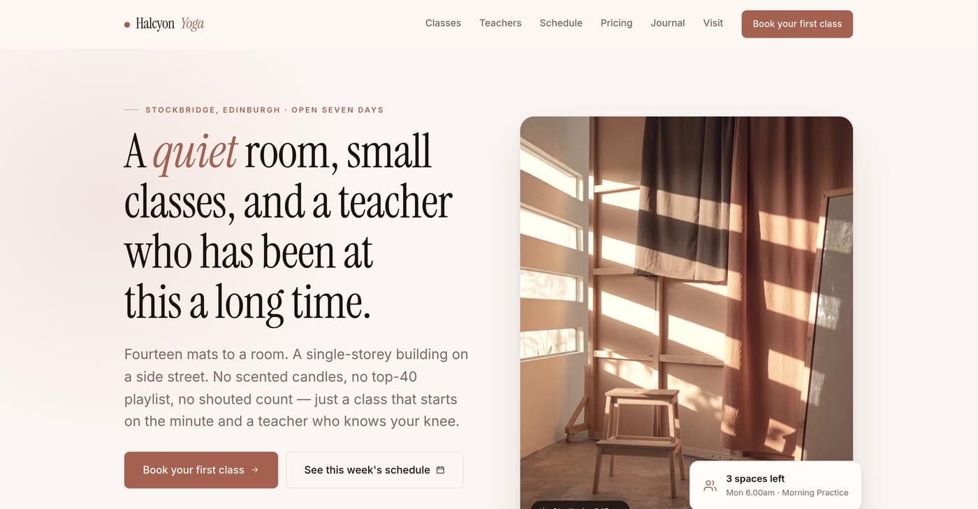 The Halcyon Yoga homepage: large serif type reading A quiet room, small classes, and a teacher who has been at this a long time, beside a warm photograph of a sunlit studio corner