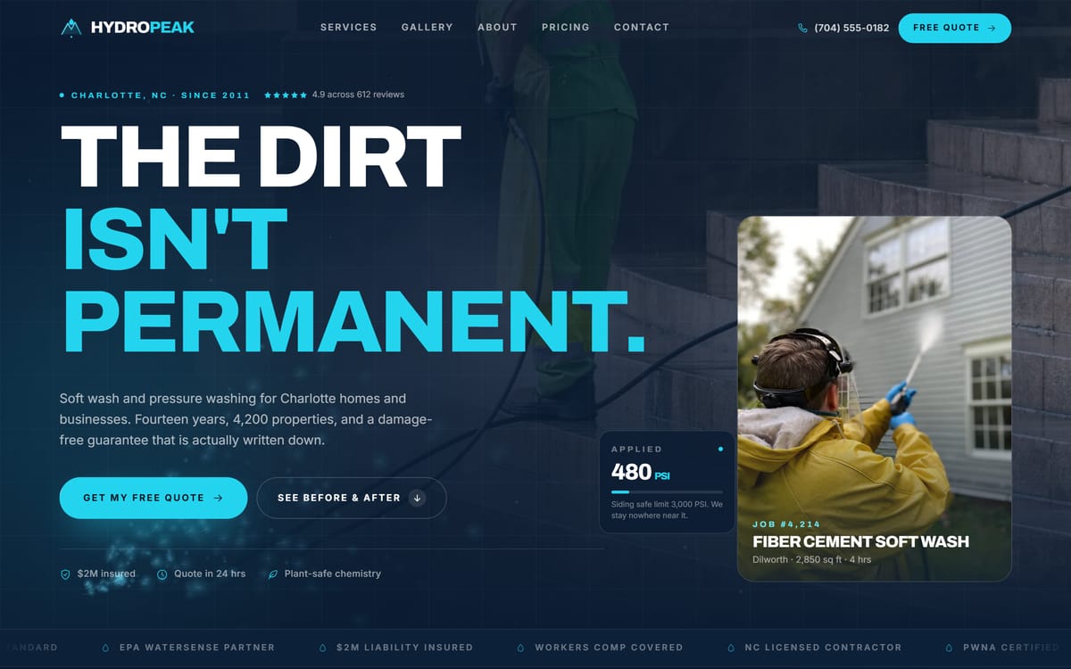 The HydroPeak homepage: a dark blue hero reading The dirt isn't permanent, over a photo of a technician soft washing the side of a house