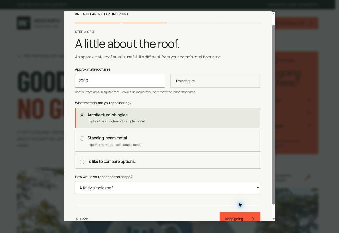 The roof details step of the assessment, asking for approximate area, material and roof shape, with the option to leave unfamiliar details unknown