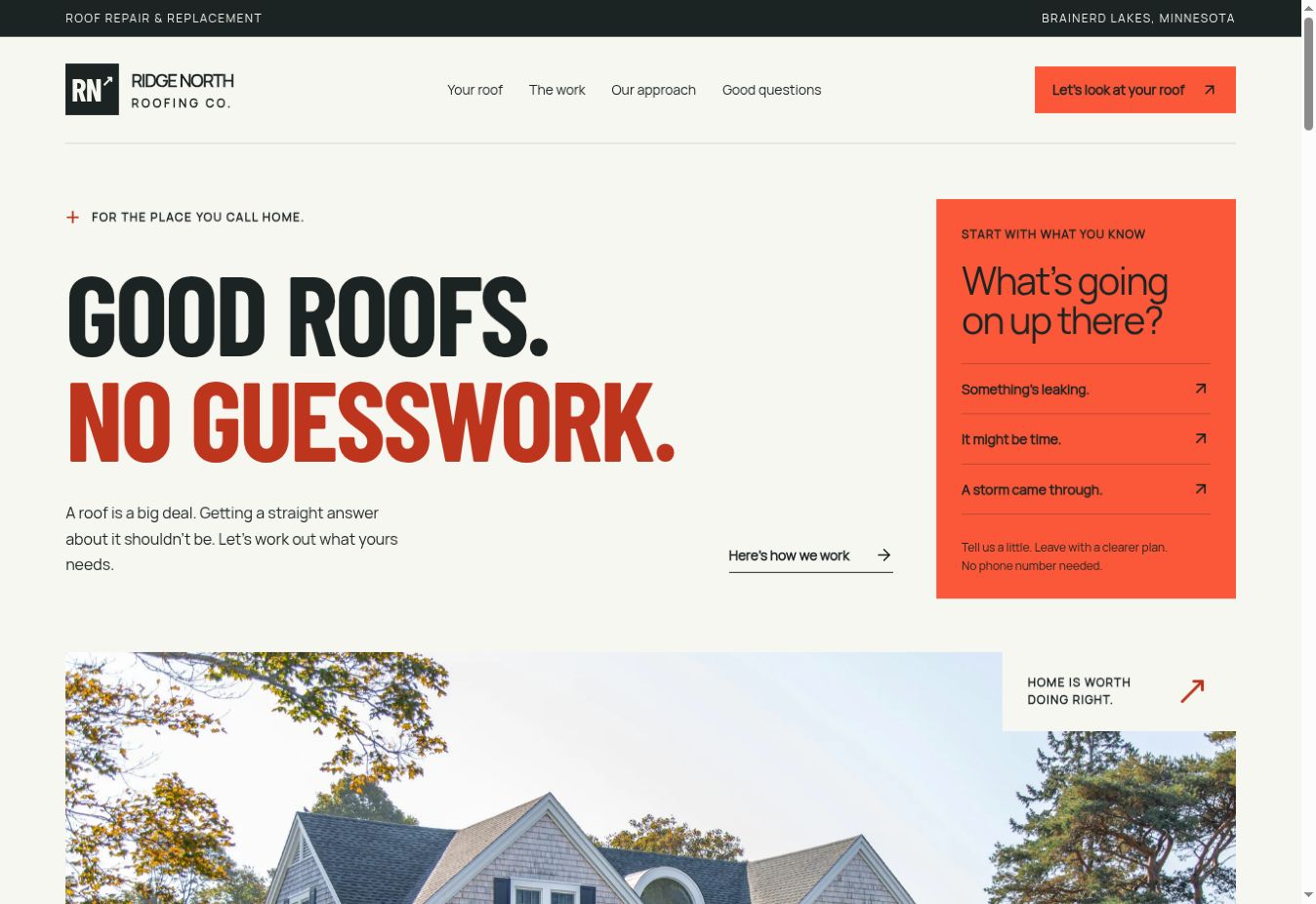 The Ridge North Roofing homepage: a bold Good roofs. No guesswork. headline, an orange assessment panel, and residential roof photography