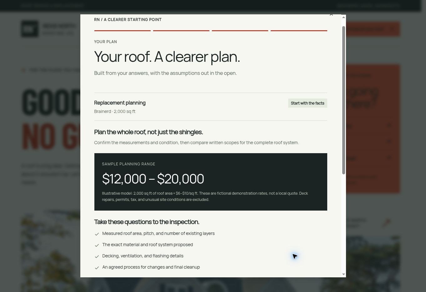 The generated roof plan showing an illustrative budget with its assumptions listed, followed by a checklist to take to the inspection