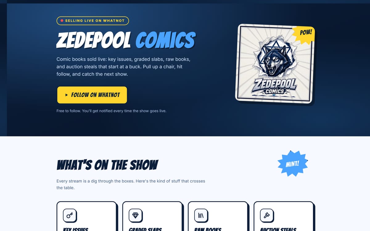ZedePool Comics homepage: navy hero, yellow Follow on Whatnot button, wolf logo with a POW! callout