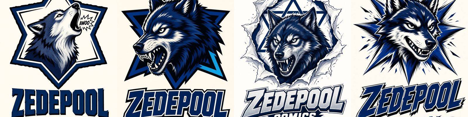 Four ZedePool logo concepts: star badge, shield, torn panel, starburst